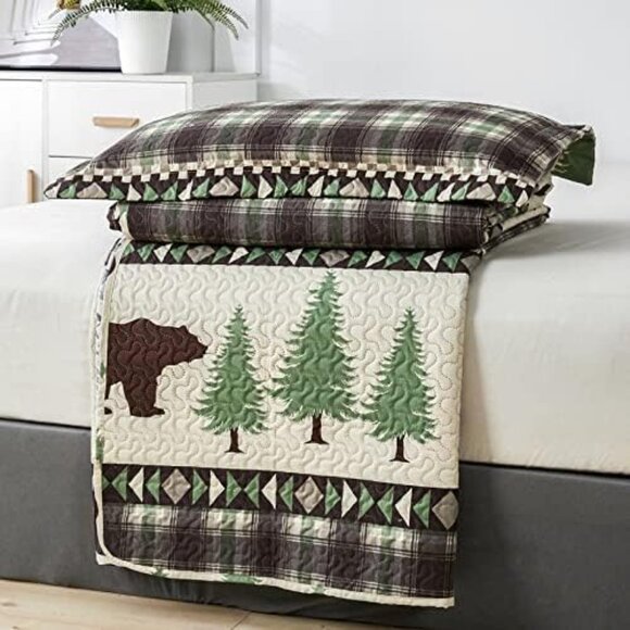 NEW Quilts Queen Size, 3Pcs Rustic Cabin Bedspread Coverlet Set Bear Green Pines - Picture 6 of 8